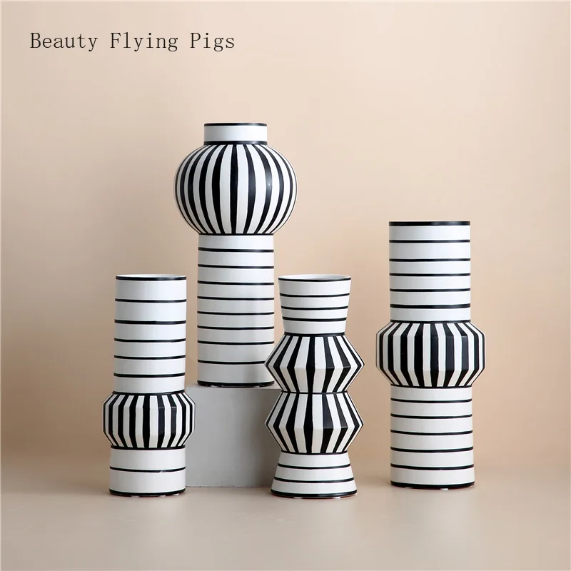 

Modern Black White Stripe Vases Ceramics Art Flower Arrangement Vase Living Room TV Cabinet Ornaments Home Hydroponic Plant