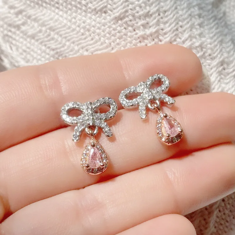 

Korean Fashion Luxurious Cubic Zircon Bow Tie Drop Earrings Korean Style Dangle Earrings For Women Luxury Jewelry Gift