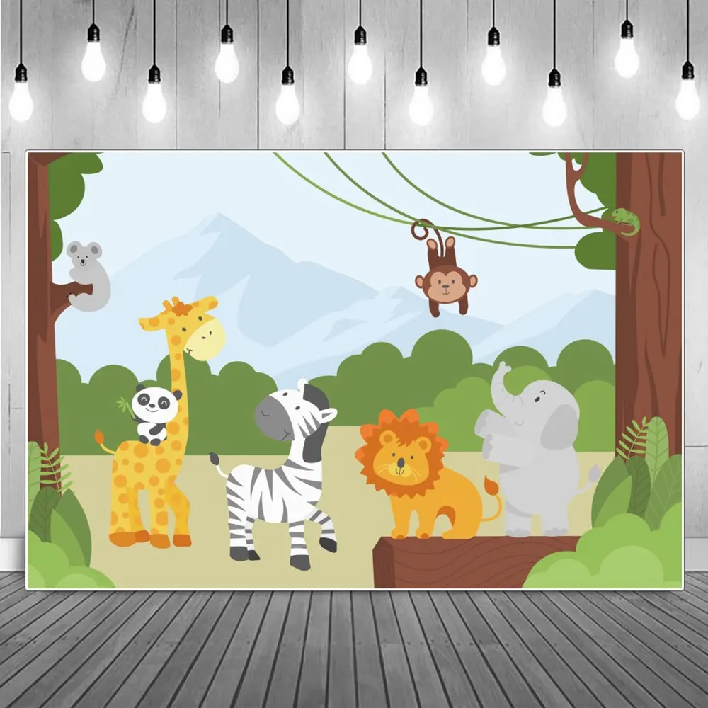 

Safari Party Photography Backdrops Forest Animals Giraffe Lion Elephant Panda Banner Custom Baby Birthday Decoration Backgrounds