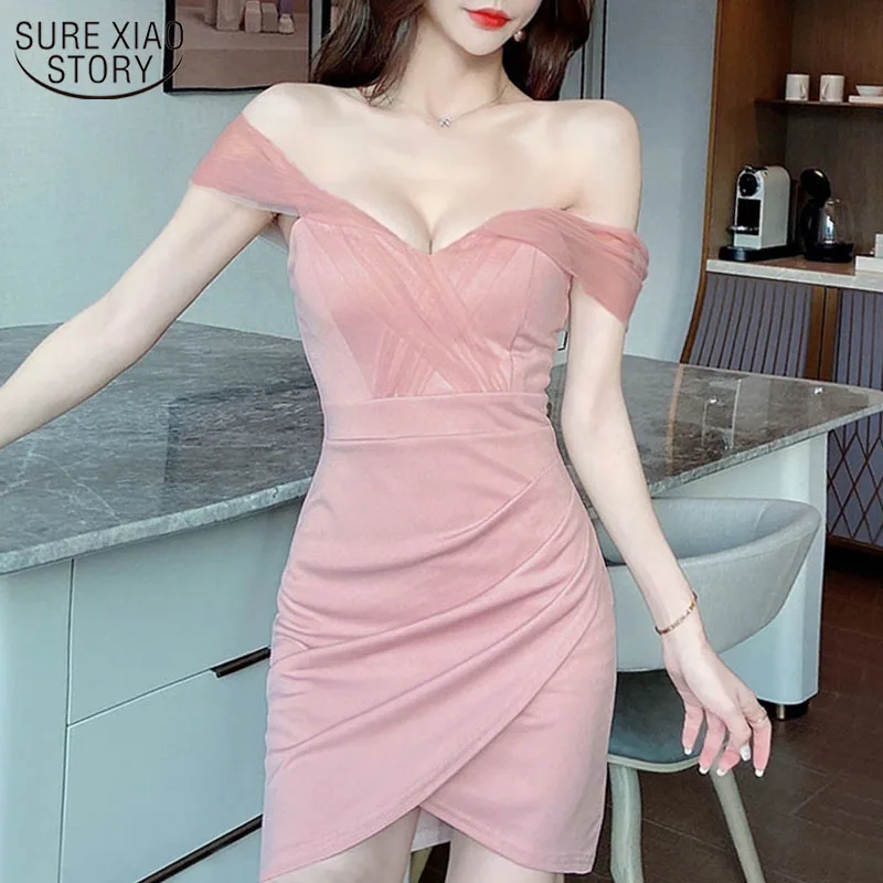 

Sexy Dress Mesh Stitching A Word Shoulder Nightclub Dress Temperament Slim Waist Hips Office Lady Sheath Solid Vestido 14371