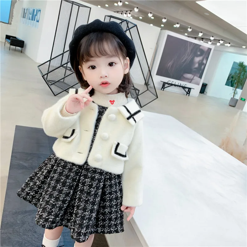 

Children's Small Fragrance Style Woollen Skirt Set Autumn Winter New Girl Lapel Coat Plaid Dress Two-piece Set Girl Clothes