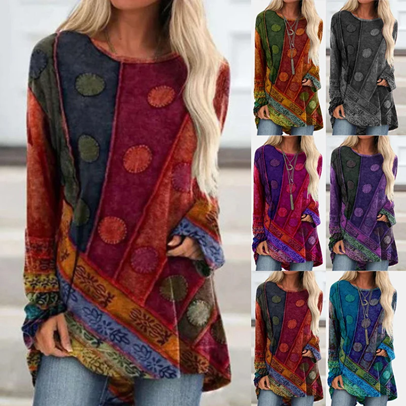 

Retro Ethnic Print Patchwork Women T-Shirts Long Sleeve Tees for Women O NeckTunic Top Pullover Women Tshirt Top