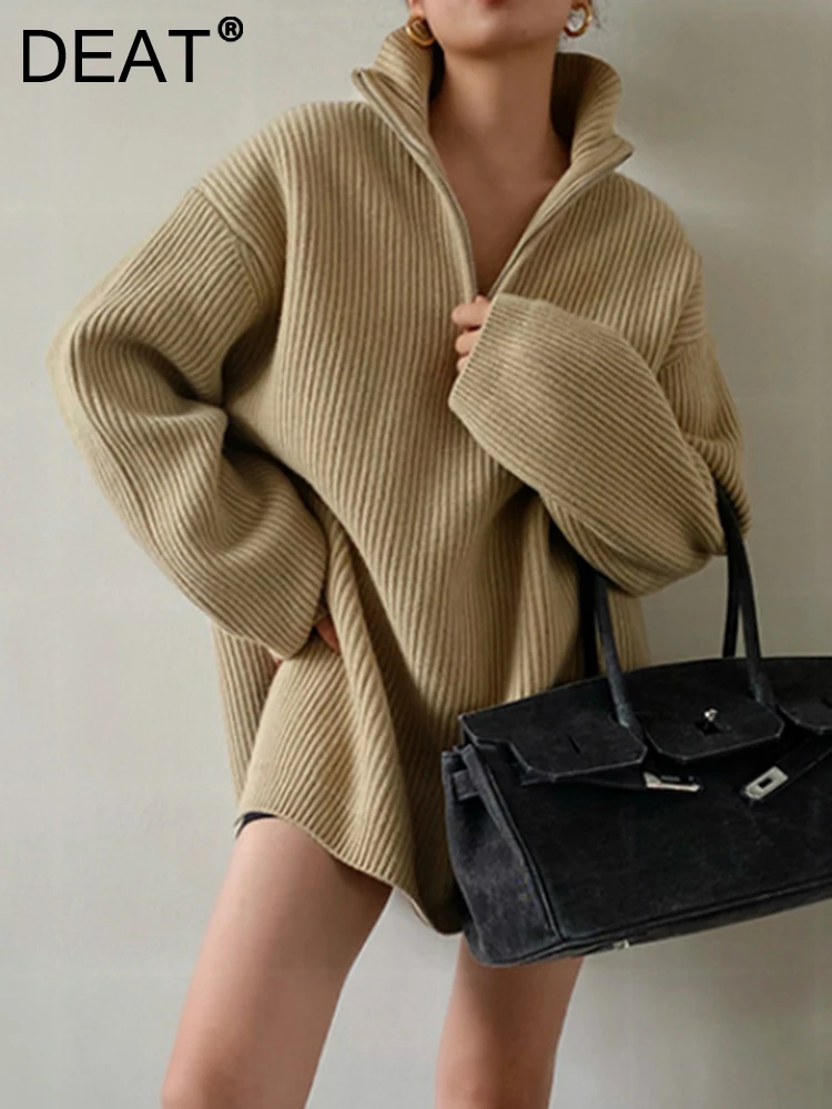 

DEAT Fashion Women's Knitted Pullover Turtleneck Long Sleeves Loose Zipper Warm Solid Color Sweater Lady Autumn 2023 New 7AB257