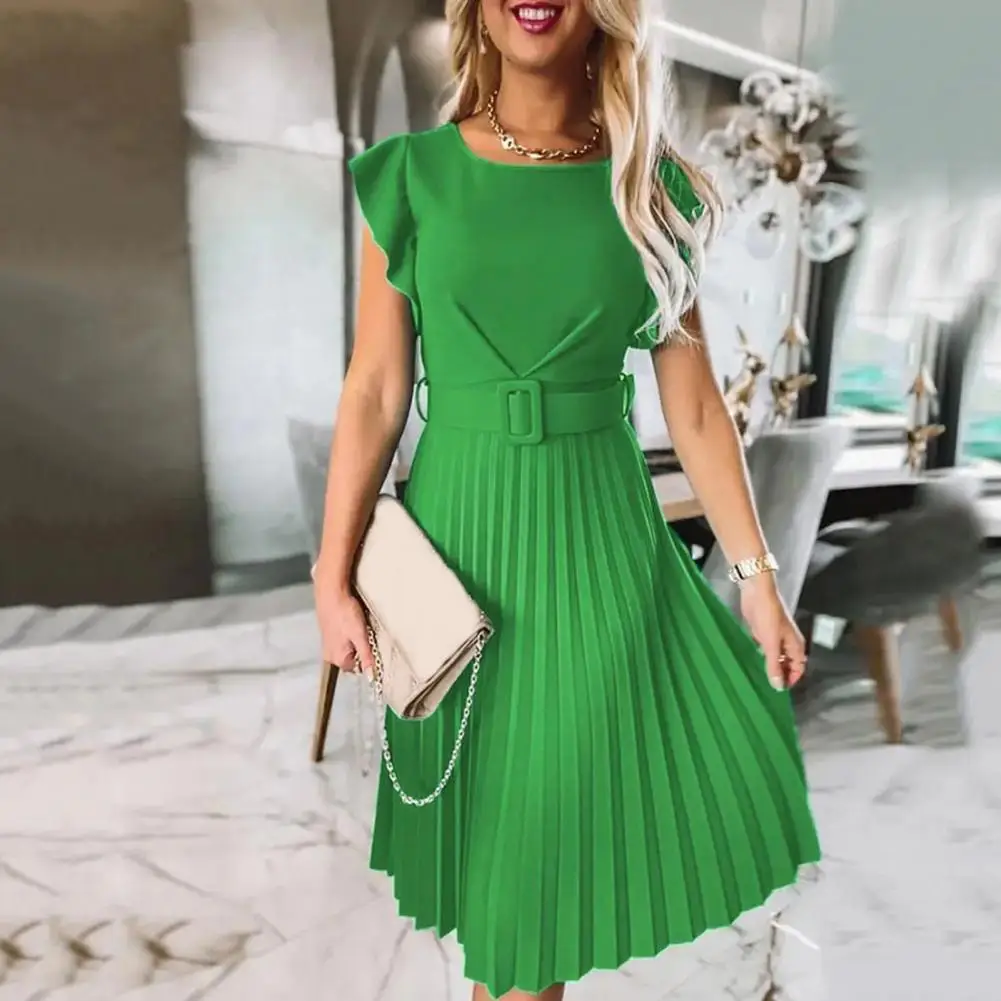 

Женское плиссированное платье миди, элегантное зеленое платье с коротким рукавом и оборками, модные наряды для весны и лета, праздвечерние ...
