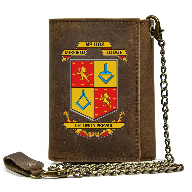 

Genuine Leather Men Wallet Anti Theft Hasp With Iron Chain Masons Mirsield Lodge No.1102 Cover Card Holder Rfid Short Purse