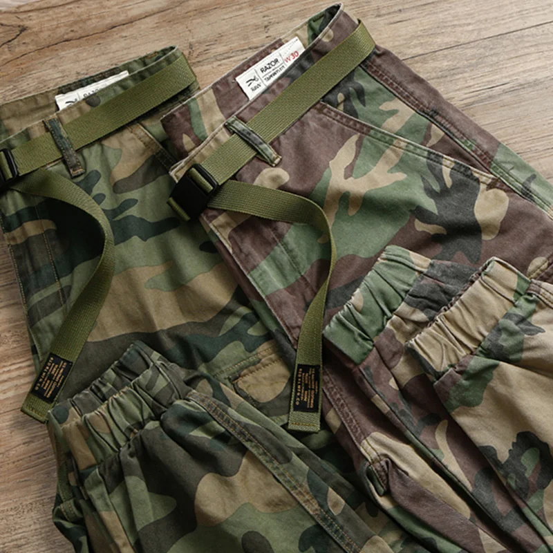

Amekaji Vintage Washed Cargo Men Belted Multi-pocket Loose Fitting Camouflage Pants Autumn Winter Retro Casual Trousers