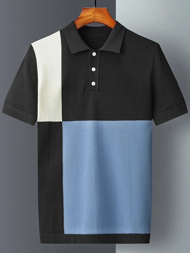 

New 2022 Summer Fashion Contrast Color Knit Polo Shirt Men Fashion Slim Polos Mens Casual Turn-down Collar Button-up Tops S77