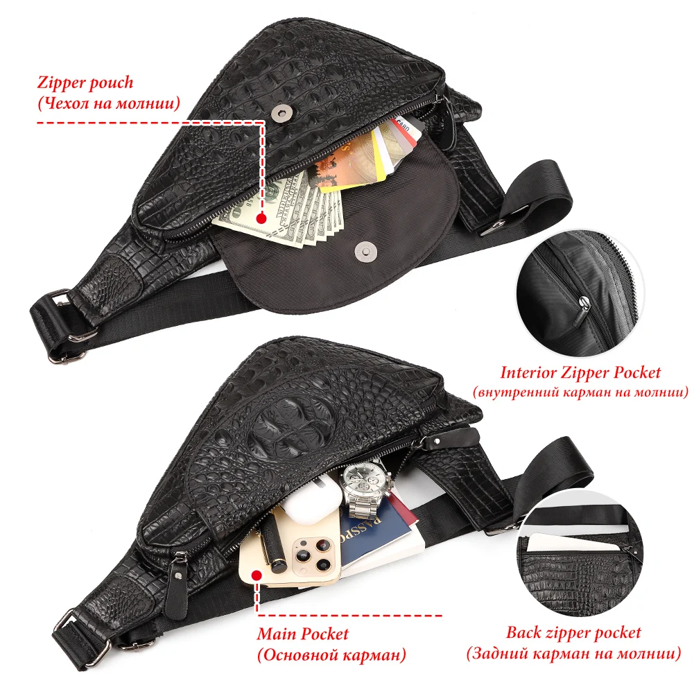 Crocodile Grain Waist Bag Genuine Leather Men's Chest Packs Luxury Quality Shoulder Bag Lightweight Travel Crossbody Bag for Men