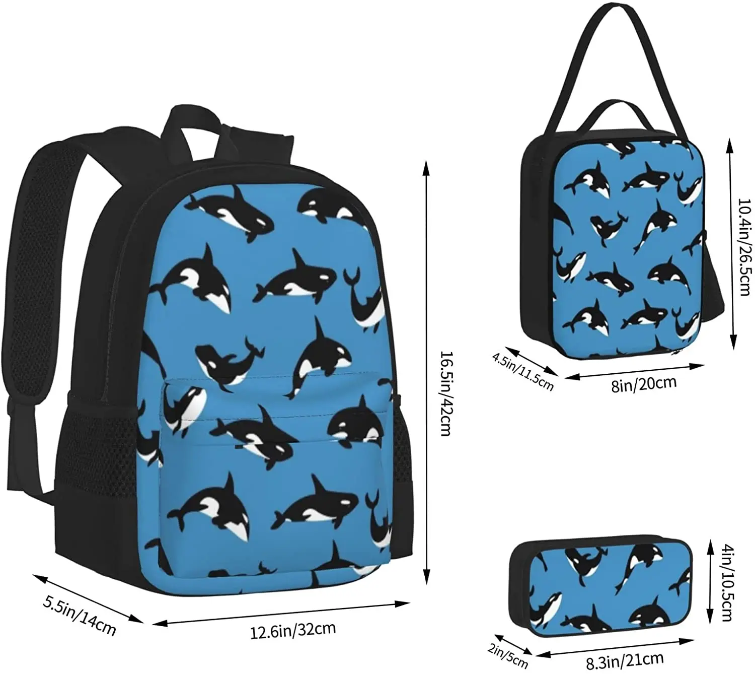 School Backpack Orcas Or Killer Whales Schoolbag Travel Bag Casual Daypack Lunch Bag Pencil Case for Boys Teens Girls 3pcs Sets