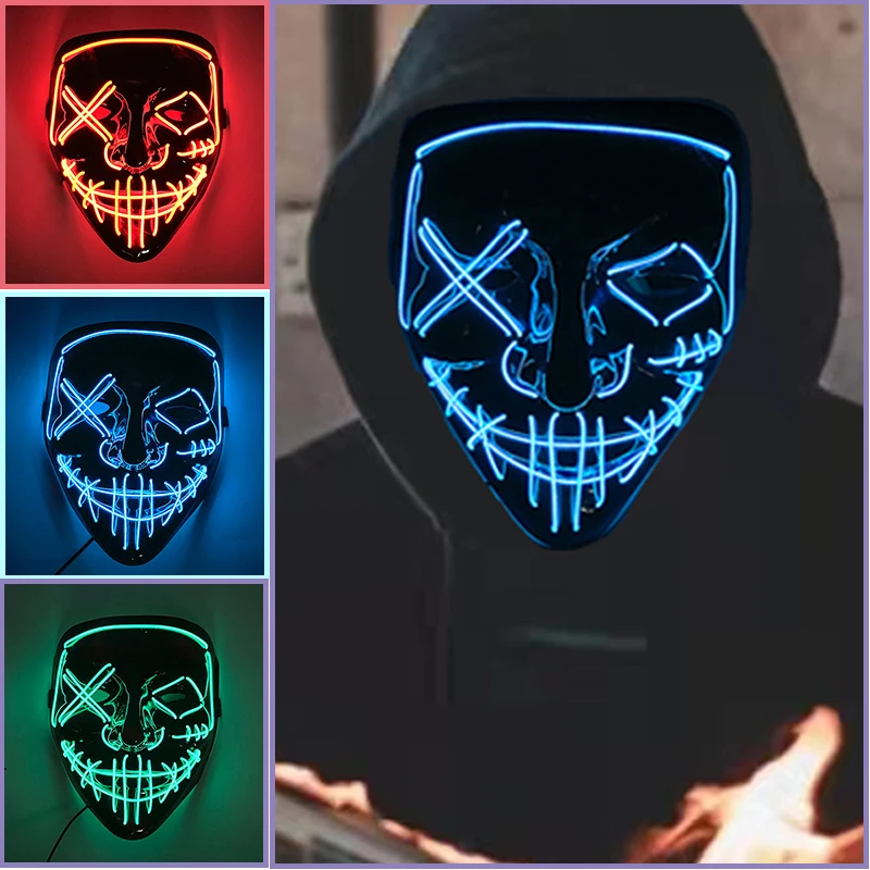 

New Arrival Halloween Neon Light Up Horror Face Mask LED Glowing Purge Mask Luminous EL wire Party Mask Scary Masque Supplies