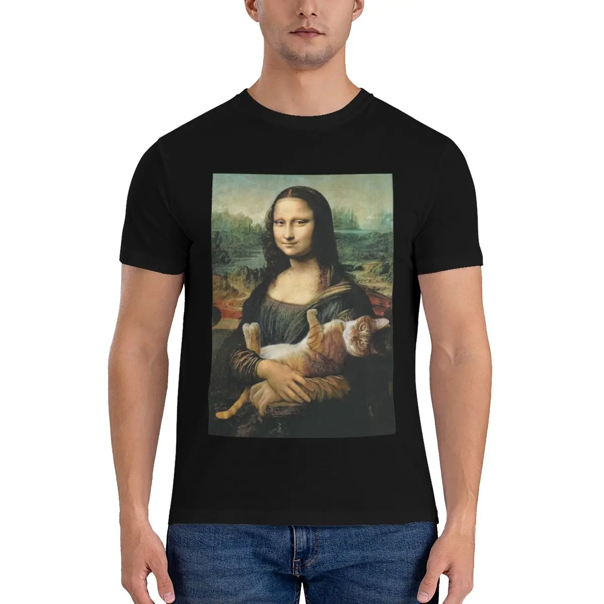 

Футболка «Мона Лиза» с надписью «Crazy Cat», крутые футболки с рисунком черного кота dreamer, уличная одежда с круглым вырезом для мужчин