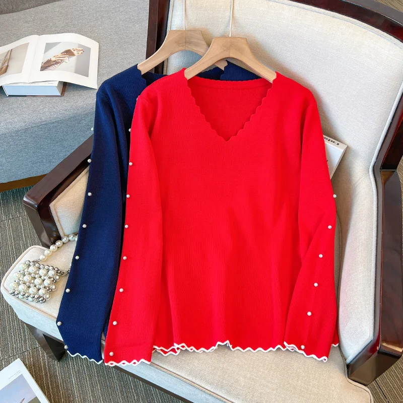 Женский шерстяной свитер с V-образным вырезом, тонкий однотонный вязаный свитер с бусинами и длинными рукавами, весна-лето