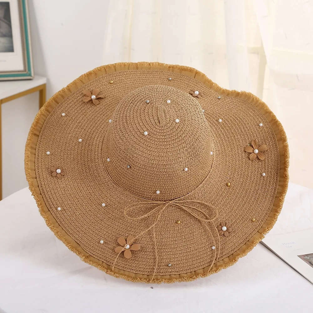 

Летние женские шляпы от солнца, пляжные кепки для женщин, полиэстер, 55-58 см, большие поля, цветы, декоративный жемчуг, складной солнцезащитный козырек TY0209