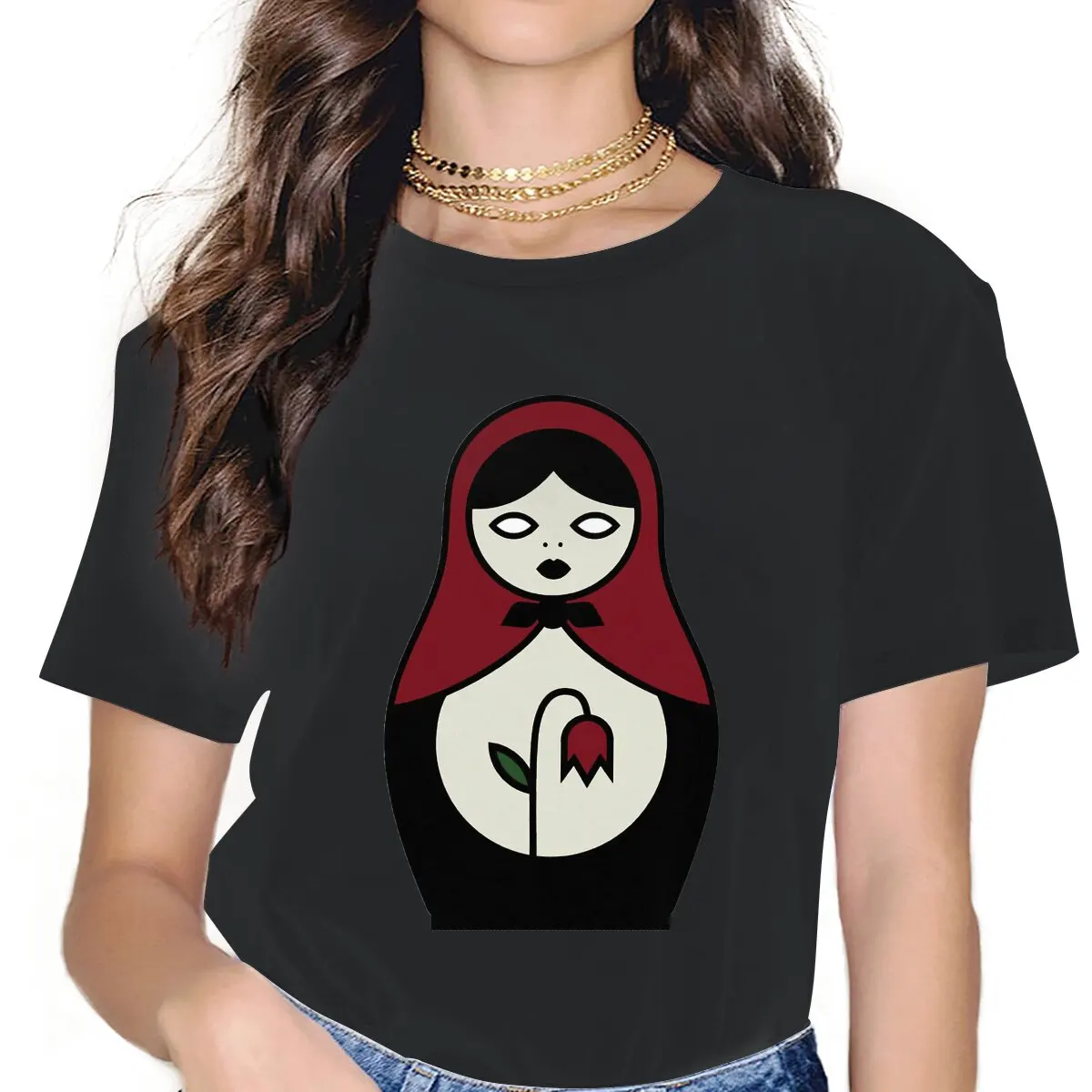 

Wilting Rose Feminine Clothes Russia Matryoshka Art Culture Oversized T-shirt Harajuku Vintage Female Top