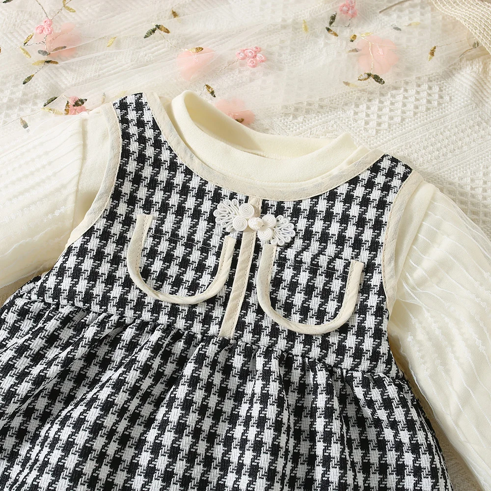 Клетчатое Платье Длиной До Колена Для Девочек Рукав-фонарик Приталенные