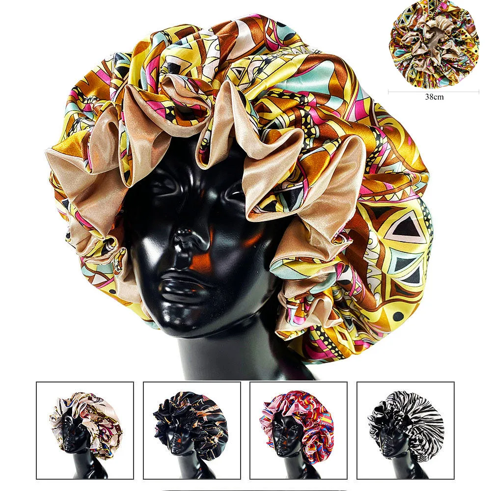 

38cm Women Double Layer Sleep Cap Pleated Lace Hat with Fungus Trim Human Virgin Hair Extensions Bundle Wigs Head Wear