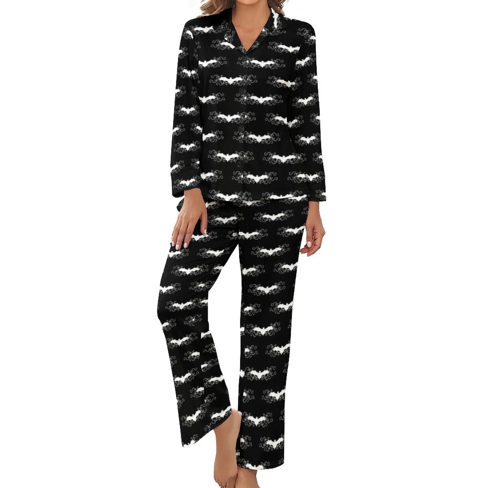

Cute Gothic Bats Pajamas 2 Pieces White Swirls Print Cute Pajamas Set Female Long-Sleeve V Neck Home Graphic Sleepwear