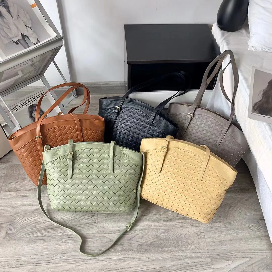 

Tote Bags For Women 100% Genuine Leather Under Arm Bags Fashion Weaving Hobos Single Shoulder Bags Vintage Zipper Crossbody Bags