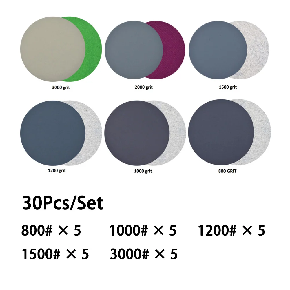 30Pcs 6 Inch 150mm Sanding Paper Wet/Dry Sandpaper 800 1000 1200 1500 2000 3000 Grit Hook And Loop Round Sander Discs