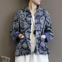 2022 female linen cotton chinese traditional national tops flower printed loose hanfu blouse women vintage tang suit soft blouse