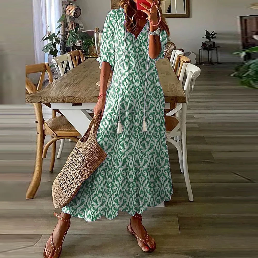 

2023 Bohemian Long Dress Women Summer Vintage Floral Print V Neck Half Sleeve Dresses Female Casual Drawstring Loose Beach Dress