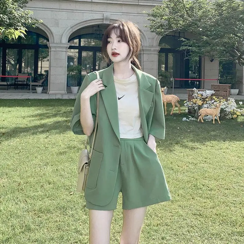 Women Short Sets New Dress Office Lady Summer Non Strech Spandex Solid Thin Korean Style Short Suits Sets Female Free Shipping