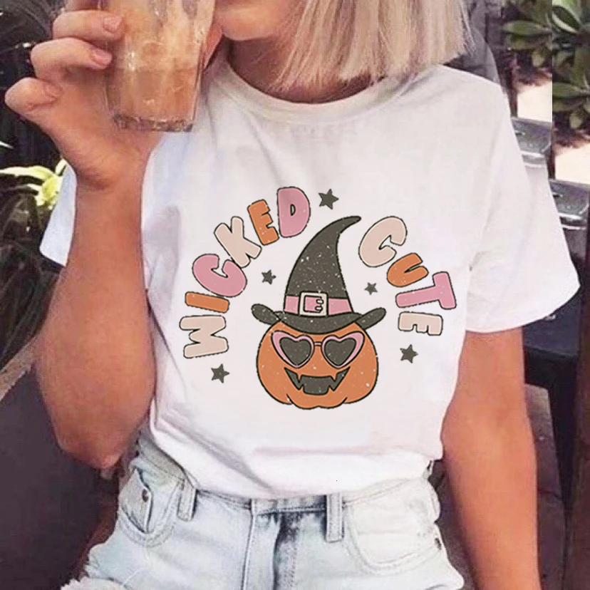 

Новинка, футболка на Хэллоуин, осенняя одежда, модная женская футболка с коротким рукавом, Повседневная Свободная Женская футболка большог...