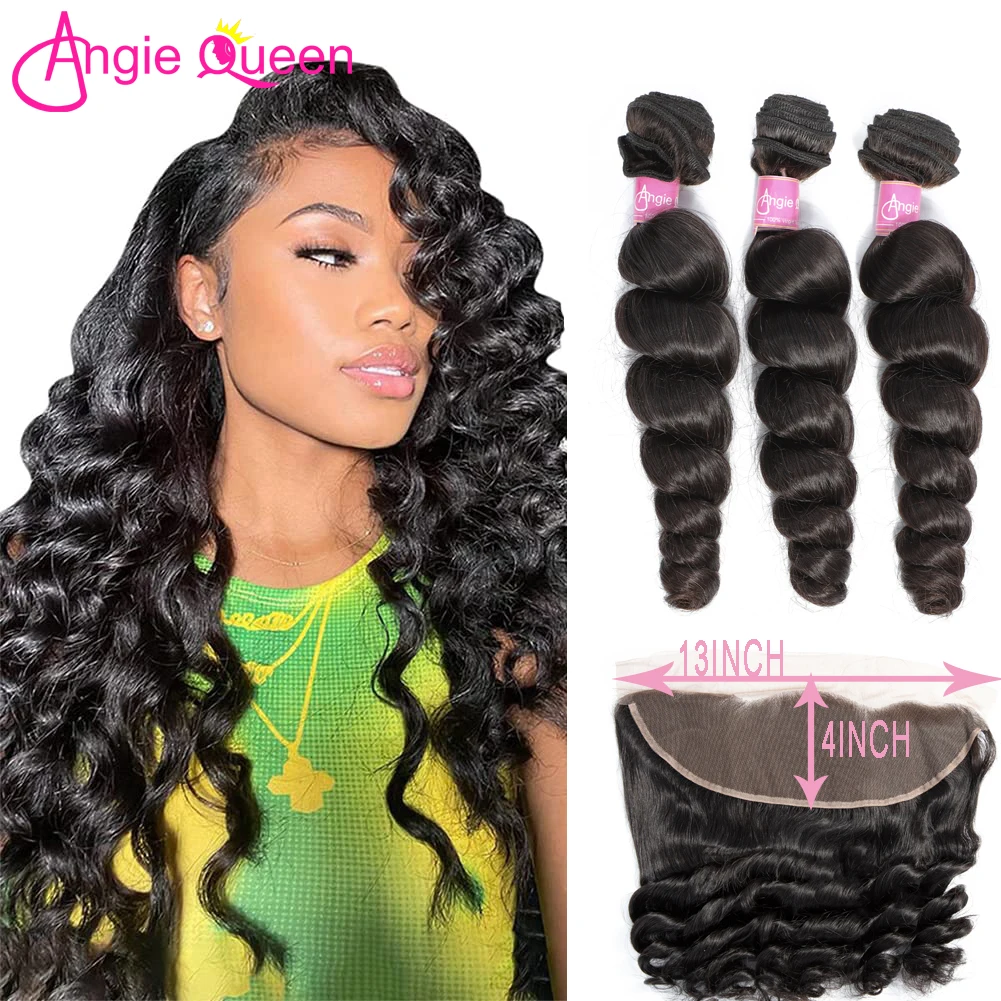 

ANGIE QUEEN Loose Deep Weave Human Hair Bundles with Frontal 100% Brazilian Unprocessed Virgin Curly 13x4 Front Human Hair