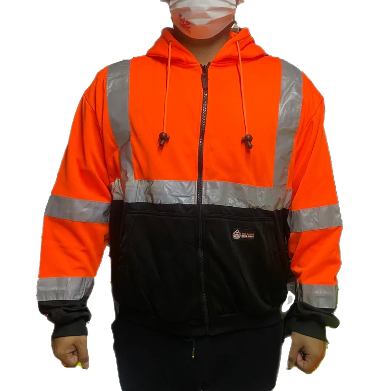 

Men Stripe Patchwork Hooded Jacket Ski Hoodies Reflective Visibility Workwear Coat Color Block Work Wear