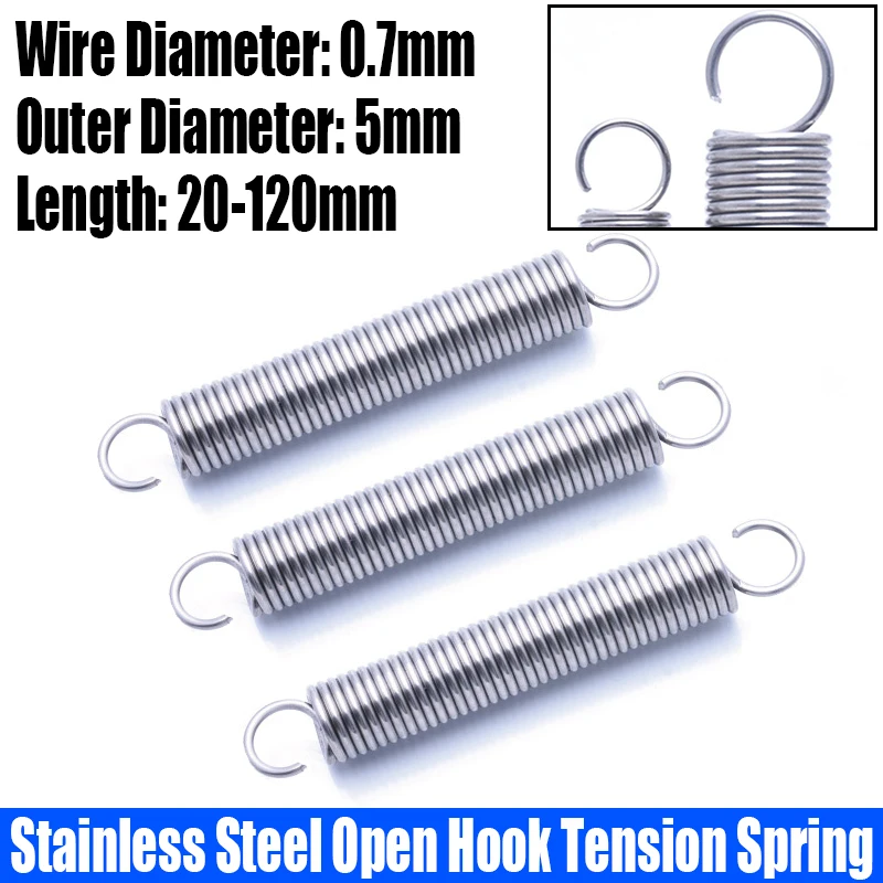 

5PCS 0.7mm Wire Dia 304 Stainless Steel Open Hook Tension Spring S Hook Extension Spring Coil Pullback Spring L=20-120mm