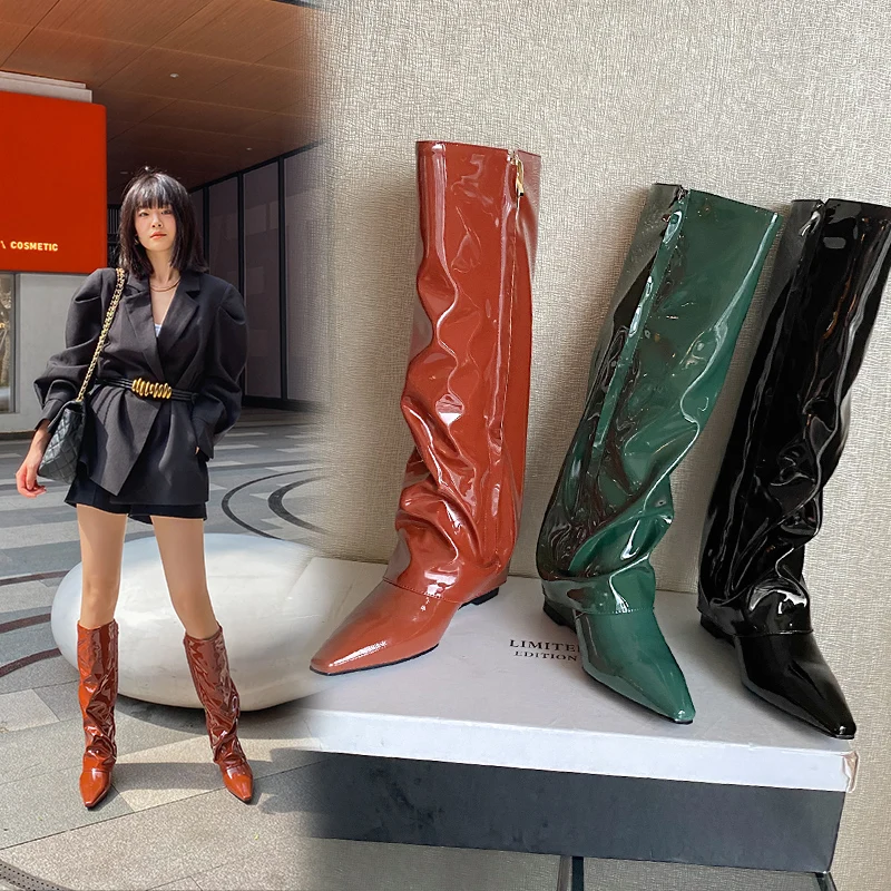 

Autumn and winter Women knee high boots natural leather plus size 22-26cm patent leather cowhide pant boots wedge fashion boots