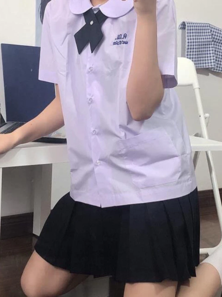

Deeptown Preppy Style White Blouse Women Sweet Kawaii Buttoned Shirts JK Uniform Thai School Casual Peter Pan Collar Pink Tops