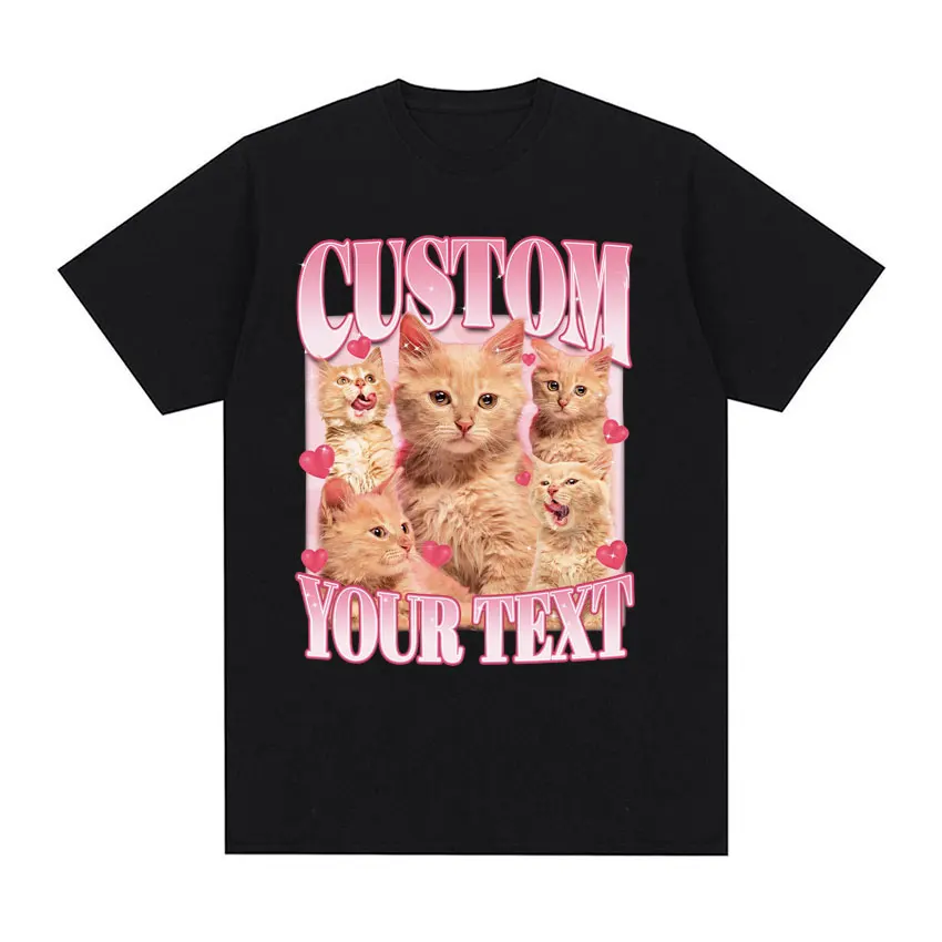 Футболка мужская с рисунком кошки и надписью на заказ модная винтажная тенниска