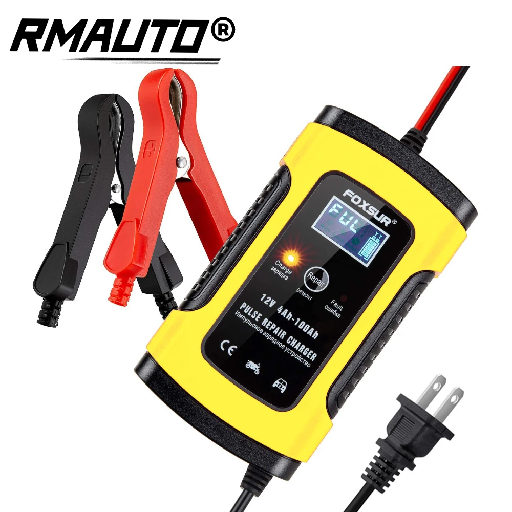 RMAUTO 12V 6A Car Motorcycle Battery Charger Full Automatic Pulse Repair Fast Charging Wet Dry Lead Acid Battery LCD Display