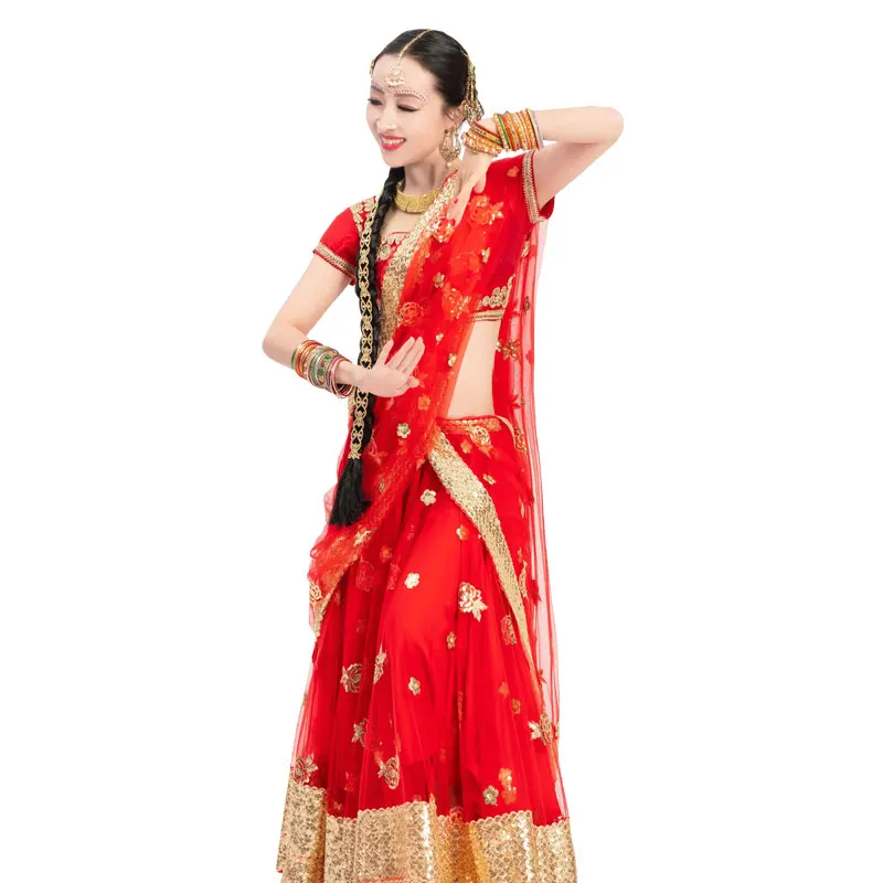 

Red Indian Saree Suit Oriental Dance Embroidery Tops Skirt Scarf For Women Adult/Child Bollywood Belly Dance Costumes 2022