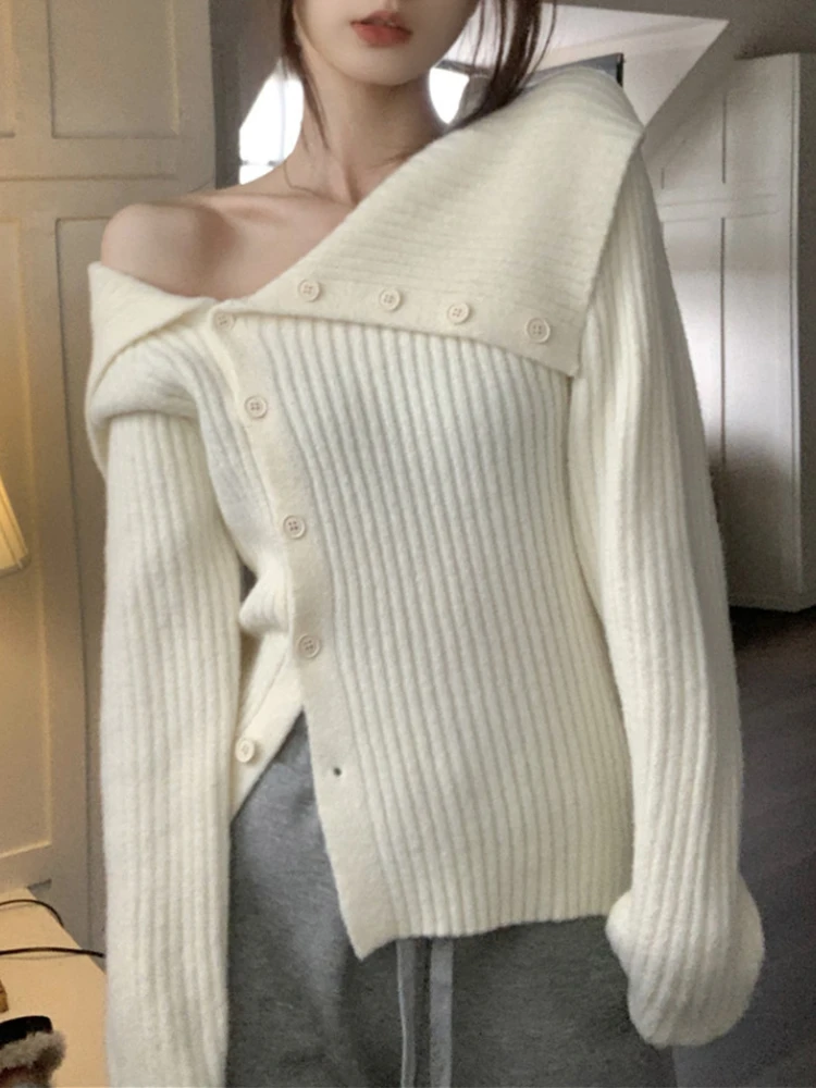 

Winter Women's Sweater 2023 New Versatile Sexy Coats Solid Irregular Cardigan Korean Style French Retro Off Shoulder Knitwears