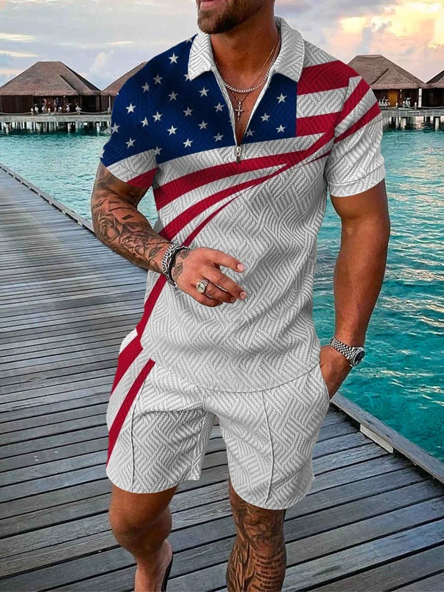 Luxury Summer Men's Polo Set Retro US Flag 3D Printed Sportswear Casual Fashion Men's Oversized Polo T-shirts shorts Suit