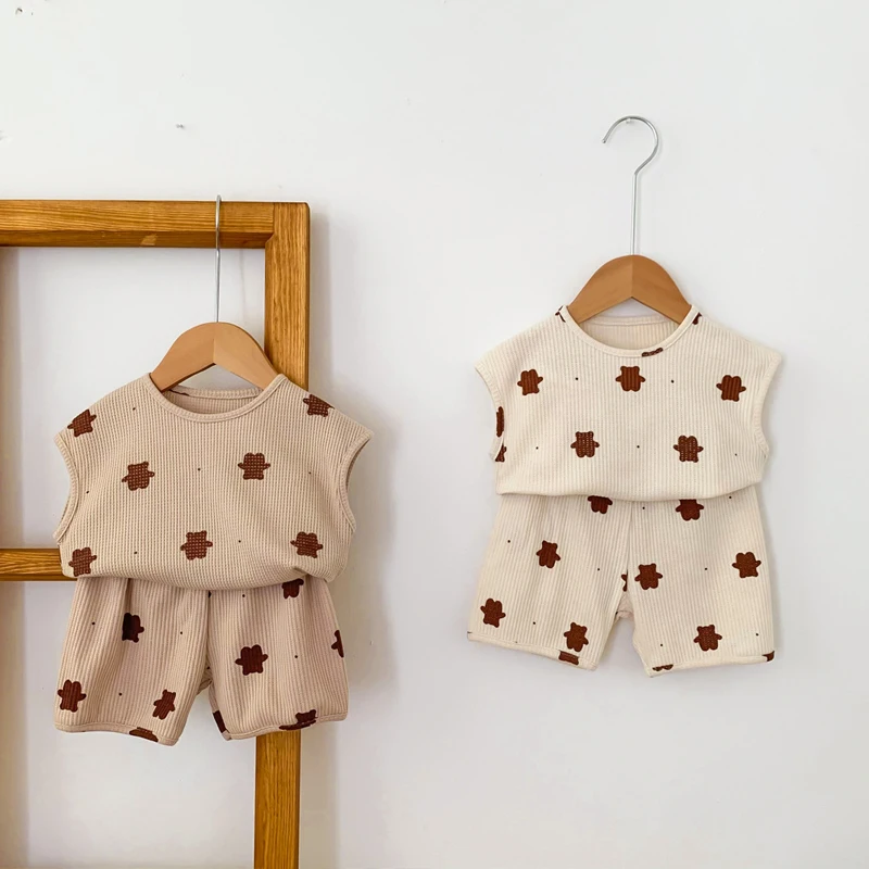 

Fashion Summer Kids Clothes Set Bear Sleeveless Tank Top Shorts 2Pcs Suit Boy Girls Toddler Cotton Waffle Casual Clothes Pajamas