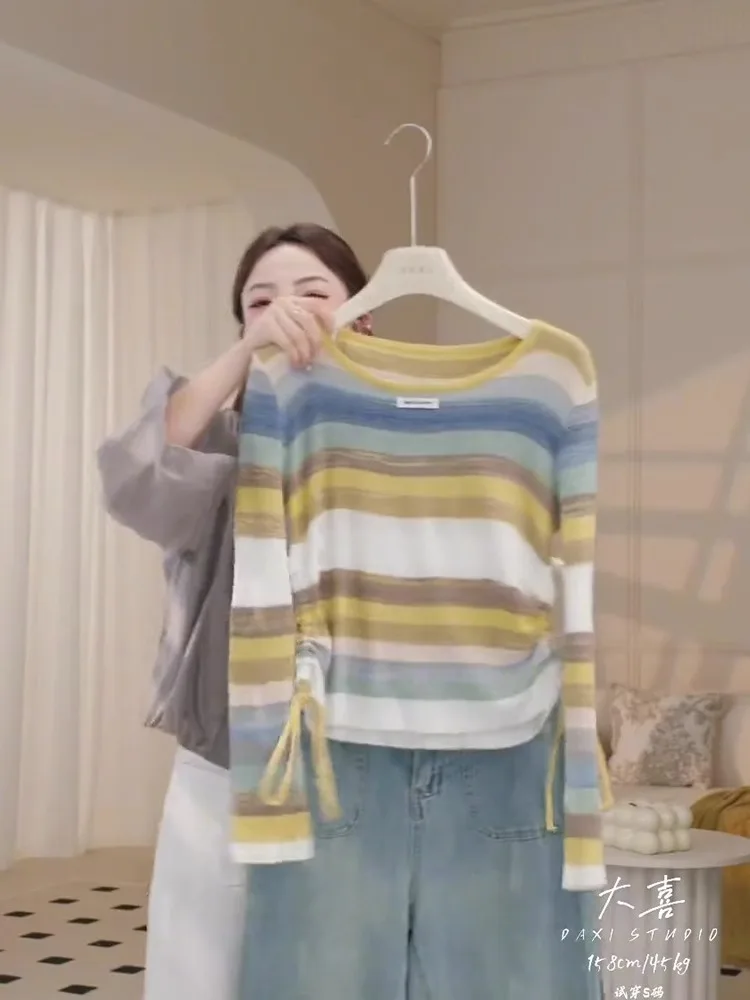 Spring and Autumn Winter Striped Knitted Bottoming Shirt Long sleeve Women's Clothes 2024 New Popular Top Graceful Sweater