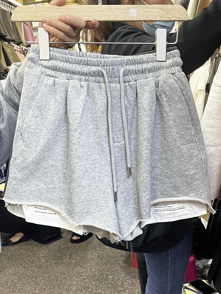 Summer Sports High Waist Slimming Wide Leg Shorts Outer Wear 2023 New Casual Fake Two-Piece Pocket Sports Short Pants Femininas