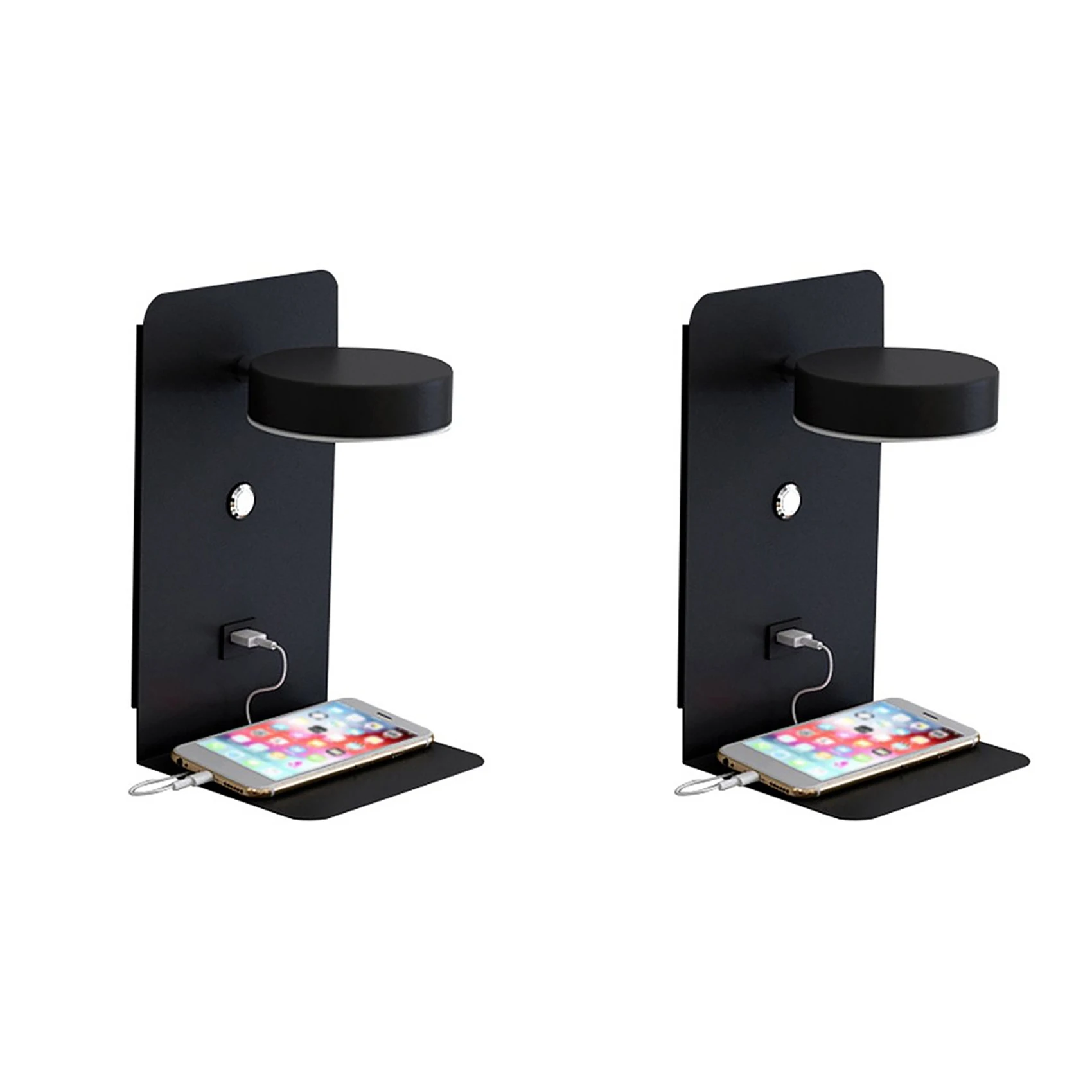

2X Reading Wall Light with USB Port Charging Creative Rack Bedside Lamp with Switch -Black