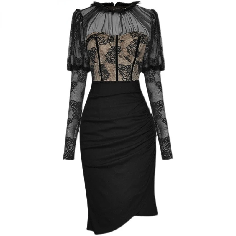 

Elegant Dresses For Women 2023 Luxury Designer Spring Lace See-through Puff Sleeve Sexy Package Hip Asymmetrical Black Dress