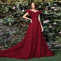 elegant burgundy prom dress ruffles off the shoulder tiered a line ball gown floor length sweep train formal evening dresses