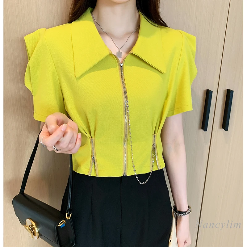 

Chic Zip Chain Puff Sleeve Short Top Women's Summer 2022 New Design Turn Collar Shirt Ladies High Waist Blusas