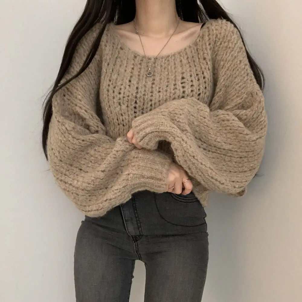 Oversized Sweaters for Women 2023 Pull Femme  Clothes O-neck Lantern Sleeve Casual Jumper Knitted Korean Cropped Pullovers images - 6