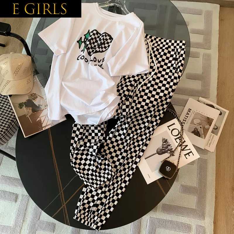 

F GIRLS Casual Sports Set For Women Summer New Fashion Streetwear Loose Short Sleeve T-Shirt Top+Wide Leg Plaid Pants 2 Piece S