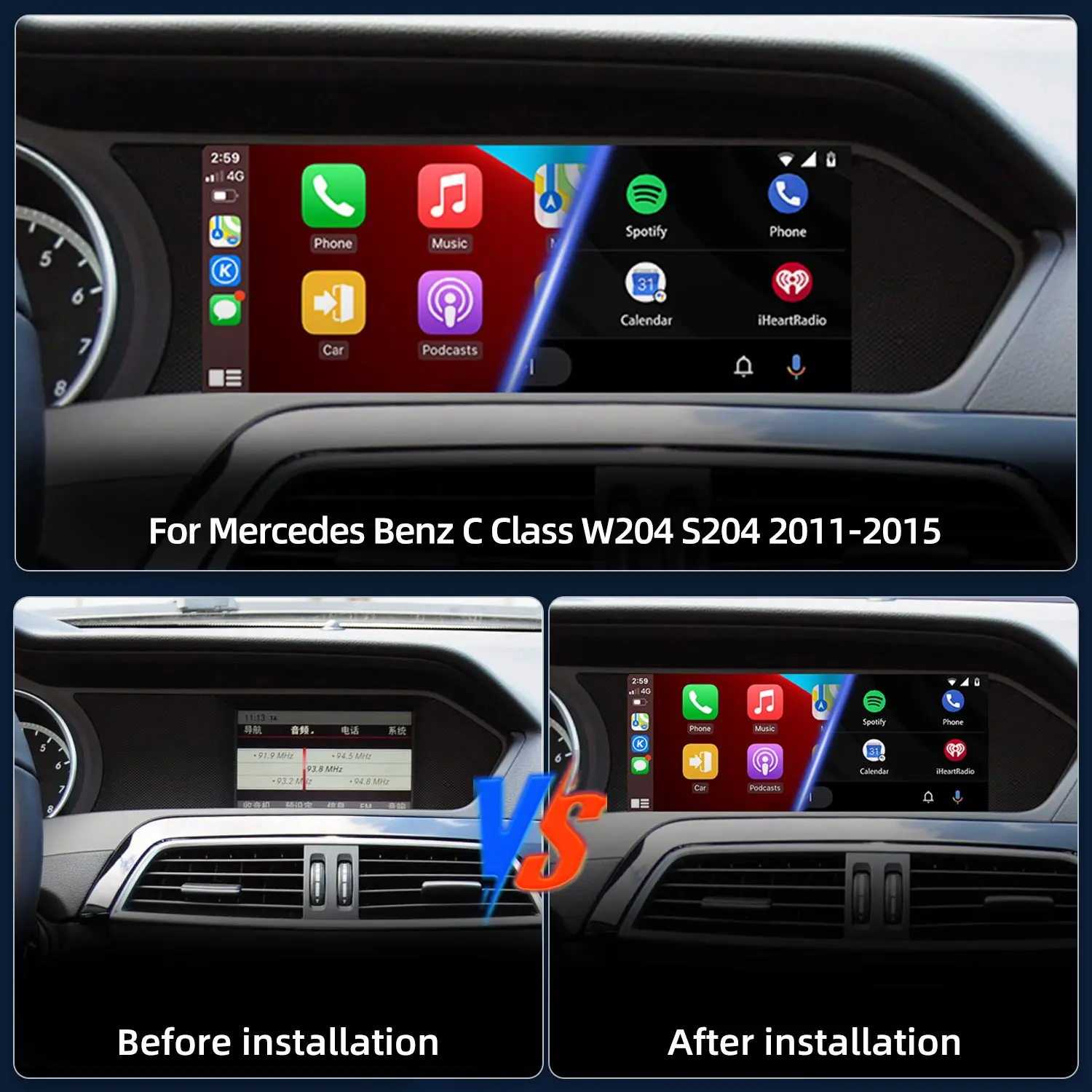 Фото Беспроводной CarPlay для Mercedes Benz C-класса W204 S204, мультимедийный видеоплеер с сенсорным экраном, Android Auto, центральный монитор №2