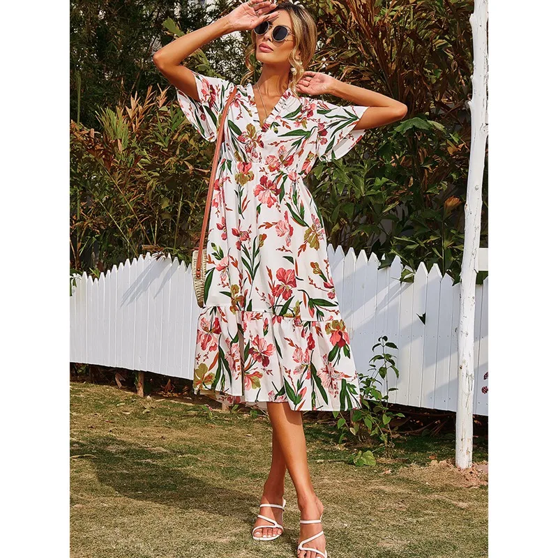 

Women's Floral Print Elegant Temperament V-Neck Print Dress White