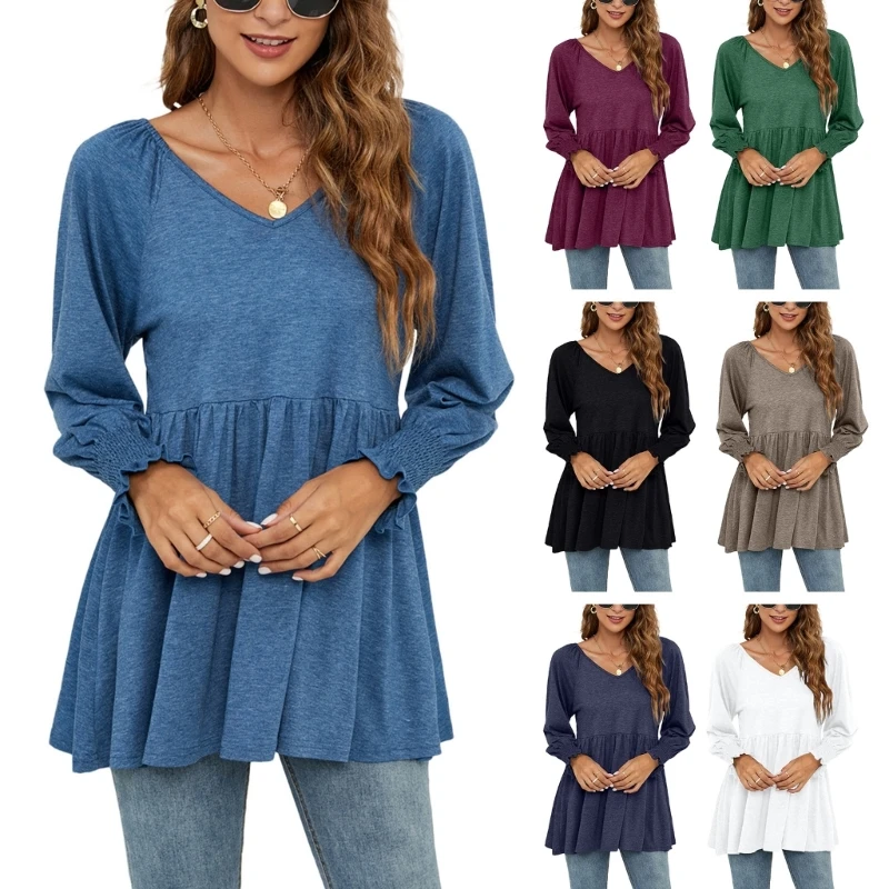 

Stylish Women's Smockd Cuff Shirts Puff Long Sleeve V Neck Tops Spring Clothes