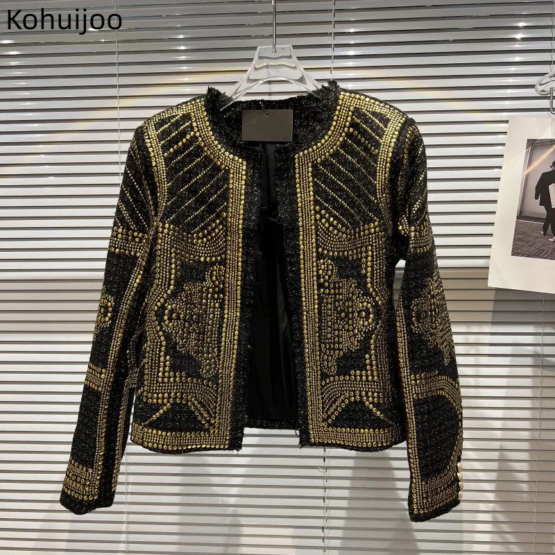 Kohuijoo Luxury Jackets Women Designers Autumn Winter 2022 Heavy Golden Rivet Woolen Tweed Jackets Ladies  Oversize Long Sleeve